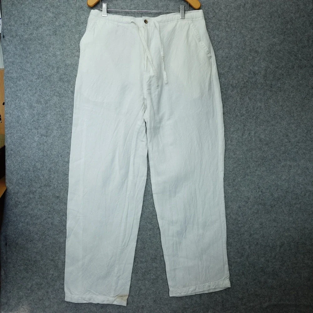 Cubavera Linen Pants Mens LARGE White Beach Summer Drawstring Trousers 35x33